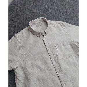 Everlane Linen Shirt Men Large Beige Camp Button Down Striped Beach Short Sleeve